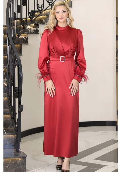 Lara Kemerli Saten Tesettür Abiye Kırmızı