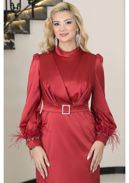 Lara Kemerli Saten Tesettür Abiye Kırmızı fiyatları