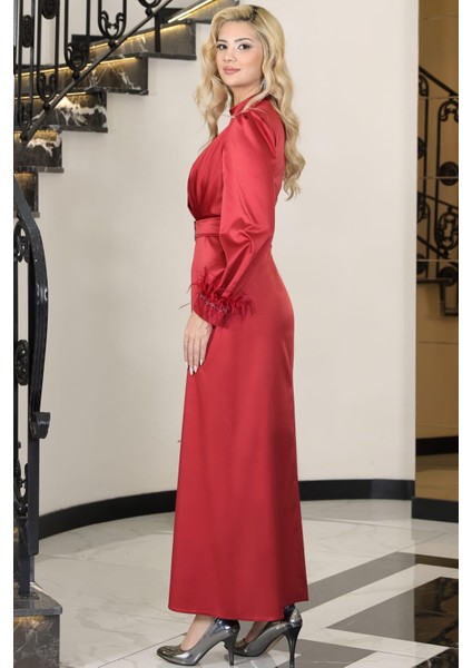Lara Kemerli Saten Tesettür Abiye Kırmızı modelleri