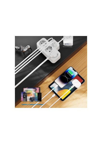Akım Korumalı Priz, Duvar Priz Çoğaltıcı, 3x Priz Soketi, 2x Type-C Girişi, 1x USB Girişi, Çocuk Korumalı ve Isıya Dayanıklı Yapı, Aşırı Gerilim Koruyucu, 16A/3680W (Kablosuz)