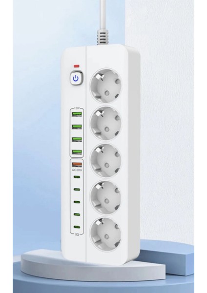 Termal Akım Korumalı Çocuk Kilitli 5 Priz / 5 USB / 5 Type-C Girişli 2 M Kablolu Priz
