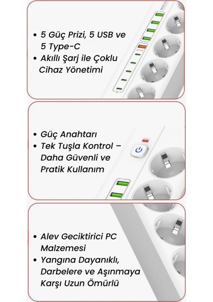 Termal Akım Korumalı Çocuk Kilitli 5 Priz / 5 USB / 5 Type-C Girişli 2 M Kablolu Priz indirimleri