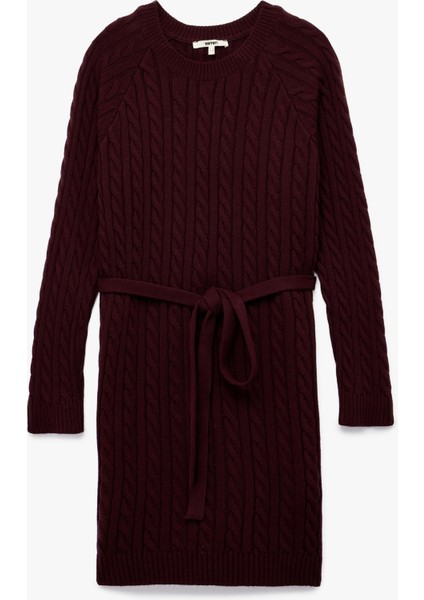 Uzun Kollu Bisiklet Yaka Kemerli Mini Boy Saç Örgü Triko Elbise