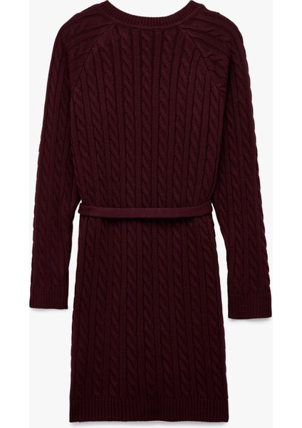 Uzun Kollu Bisiklet Yaka Kemerli Mini Boy Saç Örgü Triko Elbise fiyatları