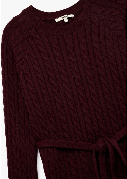 Uzun Kollu Bisiklet Yaka Kemerli Mini Boy Saç Örgü Triko Elbise modelleri