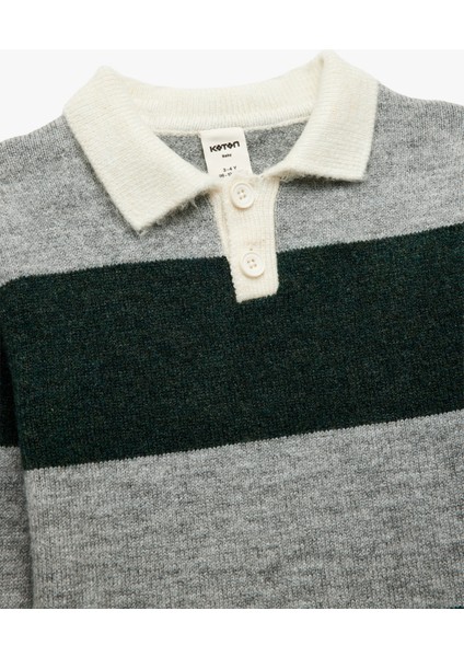 Uzun Kollu Renk Bloklu Düğmeli Polo Yaka Triko Kazak modelleri