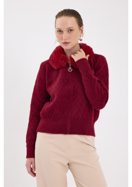 Bordo Yaka Kürk Detaylı Kadın Hırka 6680