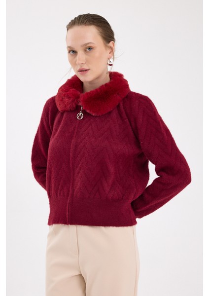 Bordo Yaka Kürk Detaylı Kadın Hırka 6680 fiyatları