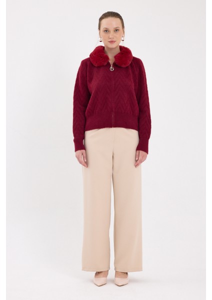 Bordo Yaka Kürk Detaylı Kadın Hırka 6680 modelleri