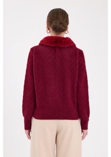 Bordo Yaka Kürk Detaylı Kadın Hırka 6680 indirimleri