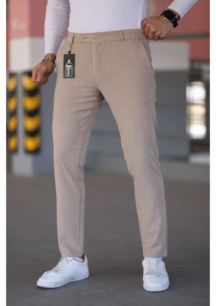 Erkek Kemik Renk Italyan Kesim Slimfit Kumaş Pantolon