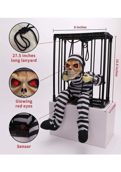 Hareketli Sesli Sensörlü Mahkum Görünümlü Kuru Kafa Iskelet Dekorasyon 22X27 cm