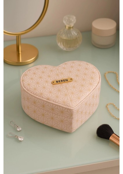 Dekoratif Kadife Takı Bijuteri Mücevher Kutusu Organizer Düzenleyici Krem Kalpli