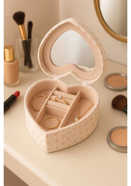 Dekoratif Kadife Takı Bijuteri Mücevher Kutusu Organizer Düzenleyici Krem Kalpli fiyatları