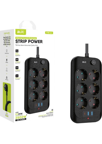 Hoala Hoala Termal Akım Korumalı, 6'lı Priz Soketi, 2x USB Girişli, 1x Type-C Girişi, Çocuk Korumalı Uzatma Kablosu (2mt Kablo)