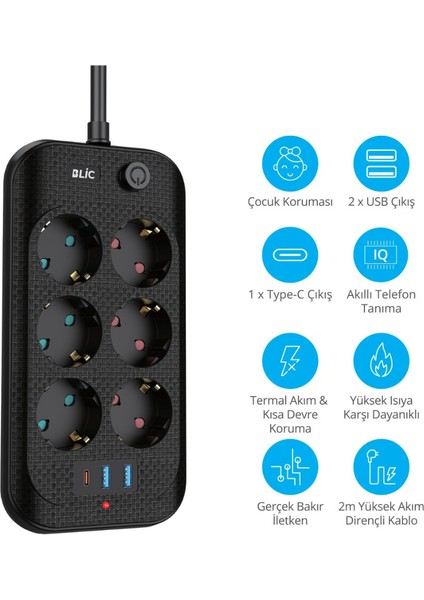 Hoala Hoala Termal Akım Korumalı, 6'lı Priz Soketi, 2x USB Girişli, 1x Type-C Girişi, Çocuk Korumalı Uzatma Kablosu (2mt Kablo) modelleri