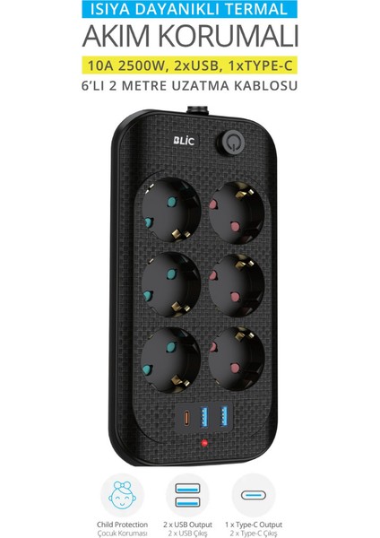 Hoala Hoala Termal Akım Korumalı, 6'lı Priz Soketi, 2x USB Girişli, 1x Type-C Girişi, Çocuk Korumalı Uzatma Kablosu (2mt Kablo) fırsatları