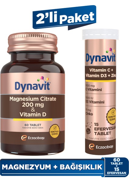 Magnesium Citrate 200 mg, Vitamin D 60 Tab &Vitamin C Vitamin D3 Çinko 15 Efer - Güne Devam Paketi