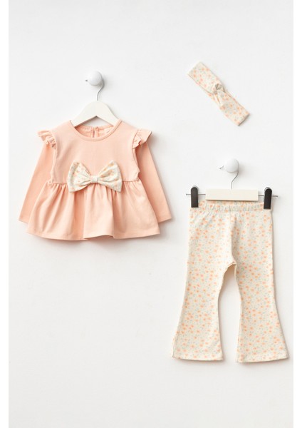 Fiyonk Detaylı Bandanalı Çiçek Baskılı Taytlı Kız Bebek Alt Üst Takım