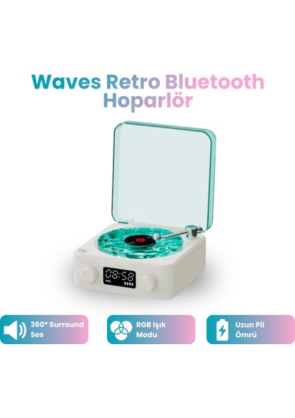 Waves Retro Bluetooth Hoparlör Nostalji Plak Görünümlü 3D Ses Dalgası Işıklı Galaksi Gece Lambası