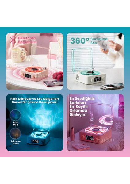 Waves Retro Bluetooth Hoparlör Nostalji Plak Görünümlü 3D Ses Dalgası Işıklı Galaksi Gece Lambası fırsatları