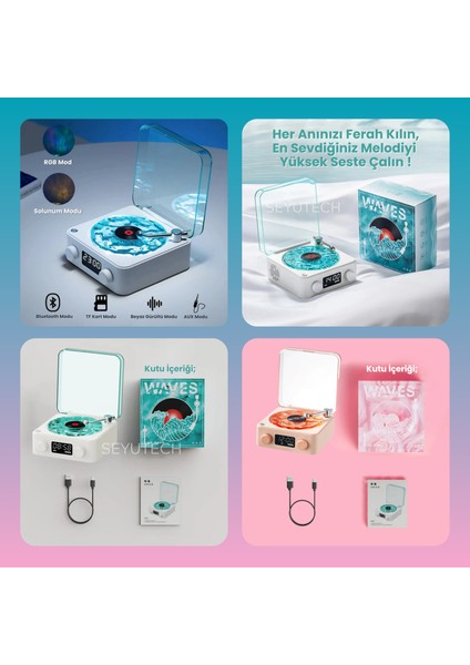 Waves Retro Bluetooth Hoparlör Nostalji Plak Görünümlü 3D Ses Dalgası Işıklı Galaksi Gece Lambası indirimleri