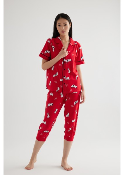 Kadın Pamuklu Kısa Kollu Gömlek Kapri Pijama Takımı