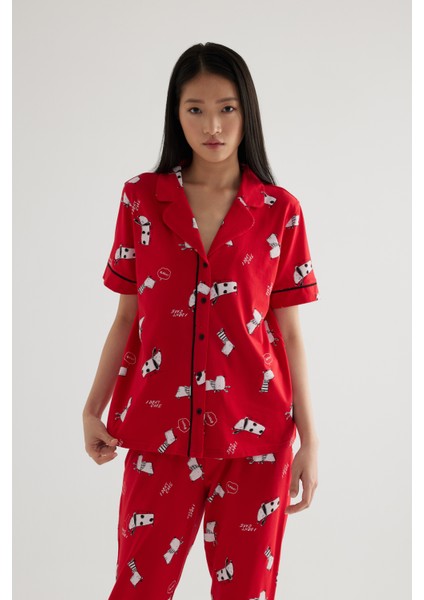 Kadın Pamuklu Kısa Kollu Gömlek Kapri Pijama Takımı fiyatları