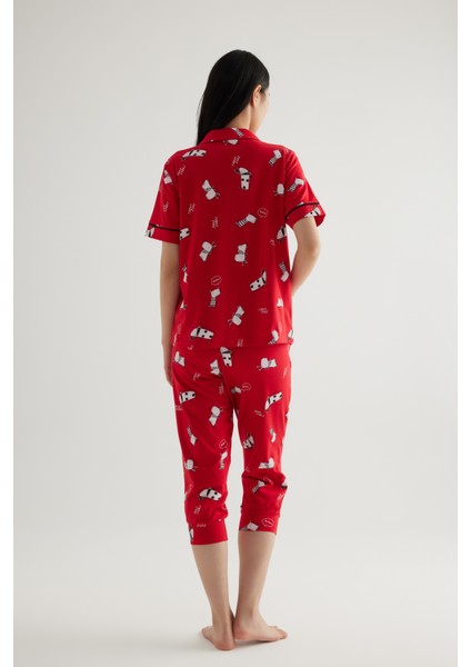 Kadın Pamuklu Kısa Kollu Gömlek Kapri Pijama Takımı modelleri