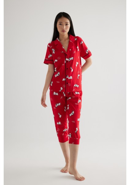 Kadın Pamuklu Kısa Kollu Gömlek Kapri Pijama Takımı fırsatları
