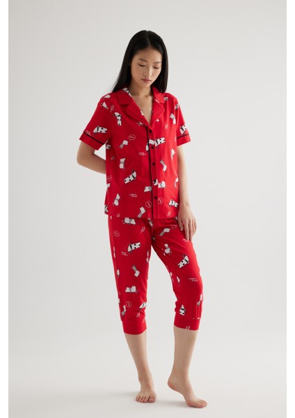 Kadın Pamuklu Kısa Kollu Gömlek Kapri Pijama Takımı indirimleri