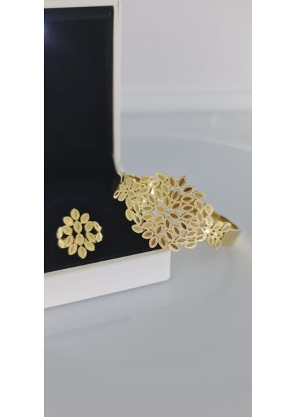 Kelepçe Yüzük Gold Çelik Takı Seti (Yüzük parmağa göre arka kısmından ayarlanabilmektedir )