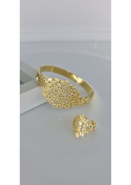 Kelepçe Yüzük Gold Çelik Takı Seti (Yüzük parmağa göre arka kısmından ayarlanabilmektedir ) fiyatları