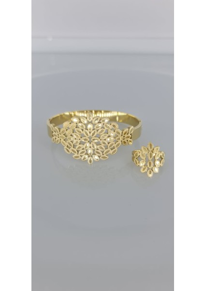 Kelepçe Yüzük Gold Çelik Takı Seti (Yüzük parmağa göre arka kısmından ayarlanabilmektedir ) modelleri