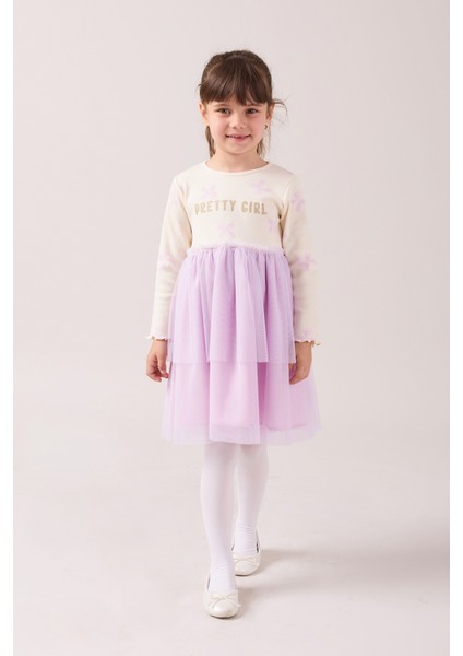Simli Baskılı Tüllü Kız Çocuk Elbise