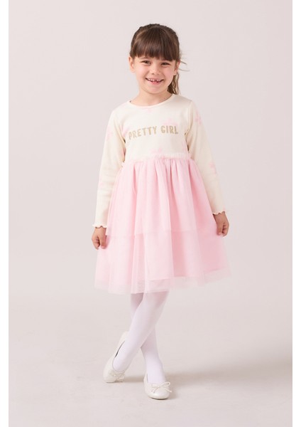 Simli Baskılı Tüllü Kız Çocuk Elbise