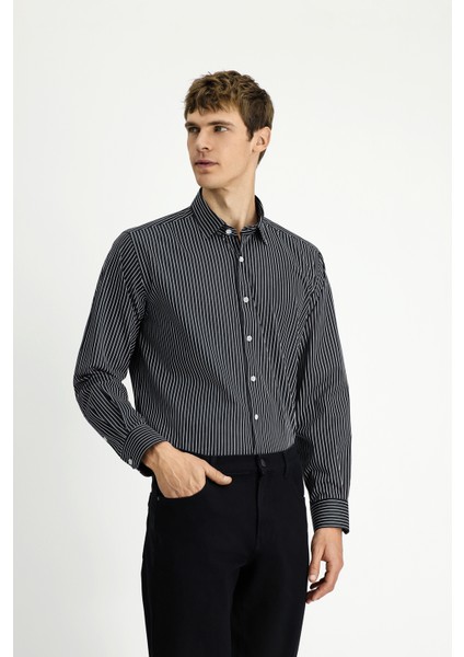 Uzun Kol Klasik Çizgili Pamuk Gömlek modelleri