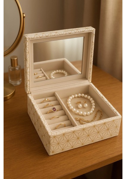 Dekoratif Kadife Takı Bijuteri Mücevher Kutusu Organizer Düzenleyici Krem Dikdörtgen fiyatları