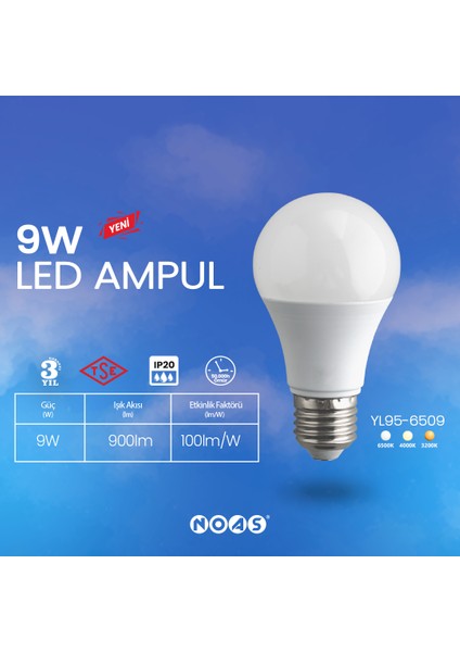 9W LED Ampul 6500K -TSE 3 Adet