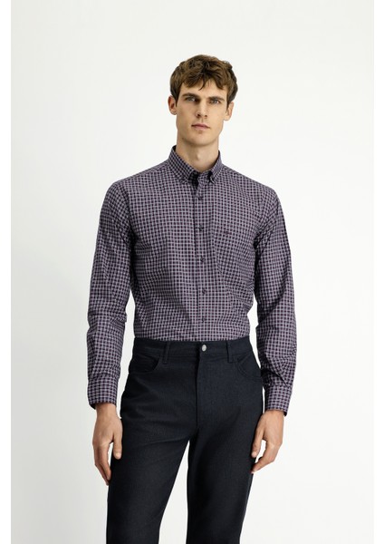 Uzun Kol Regular Fit Ekose Düğmeli Yaka Pamuk Gömlek