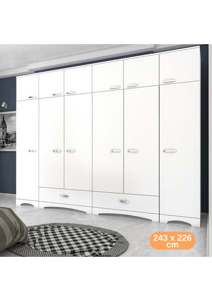 BA133 Geniş Gardırop Elbise Dolabı 12 Kapaklı 2 Çekmeceli 16 Raflı 2 Askılı Beyaz