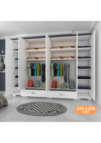 BA133 Geniş Gardırop Elbise Dolabı 12 Kapaklı 2 Çekmeceli 16 Raflı 2 Askılı Beyaz modelleri