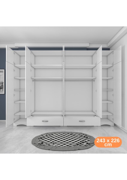 BA133 Geniş Gardırop Elbise Dolabı 12 Kapaklı 2 Çekmeceli 16 Raflı 2 Askılı Beyaz indirimleri