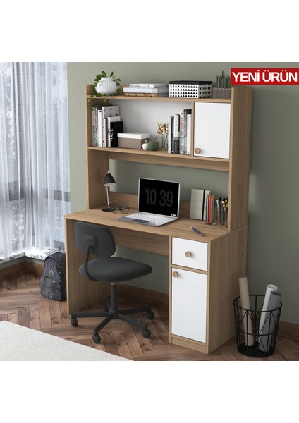 HA127 Kitaplıklı Raflı 2 Kapaklı 1 Çekmeceli Çalışma Ofis Bilgisayar Masası Sepet Ceviz - Beyaz