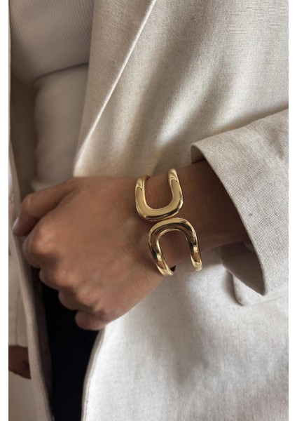 Vıp Gold Geometrik Kalın Kelepçe Bileklik