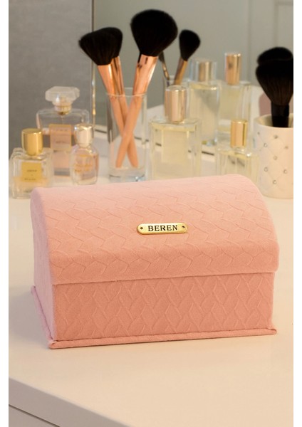 Dekoratif Kadife Takı Bijuteri Mücevher Kutusu Organizer Düzenleyici Pembe Dikdörtgen