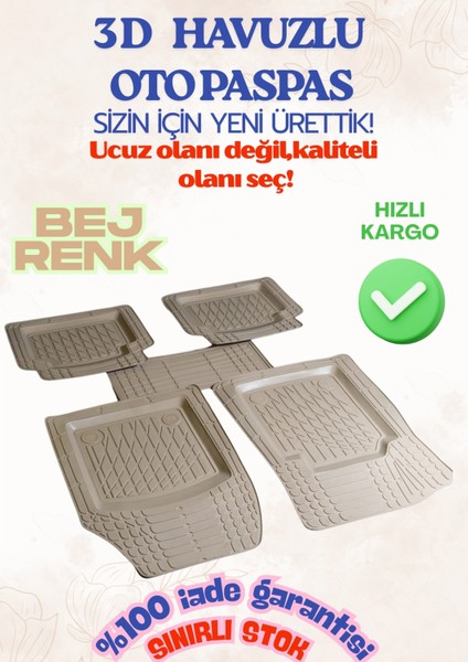 Renault Koleos 2022 Uyumlu 3D Havuzlu Paspas Özel Üretim Termoplastik Sağlıklı Malzeme Bej Renk