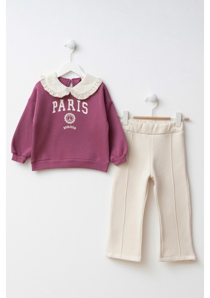 Baskılı Brode Yakalı Kız Çocuk Alt Üst Takım