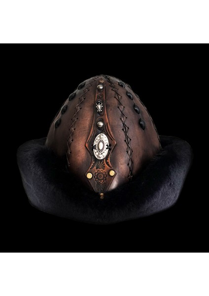 Ertuğrul Gazi Kabartma Desen Metal Broş Hakiki Deri Börk Şapka Kahve-Siyah-58