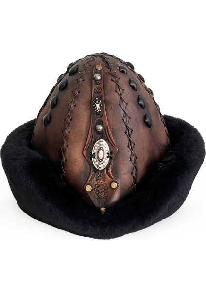 Ertuğrul Gazi Kabartma Desen Metal Broş Hakiki Deri Börk Şapka Kahve-Siyah-58 fırsatları